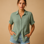 Cotton gauze short-sleeve chest-pocket shirt in Green