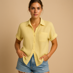Cotton gauze short-sleeve chest-pocket shirt in Yellow