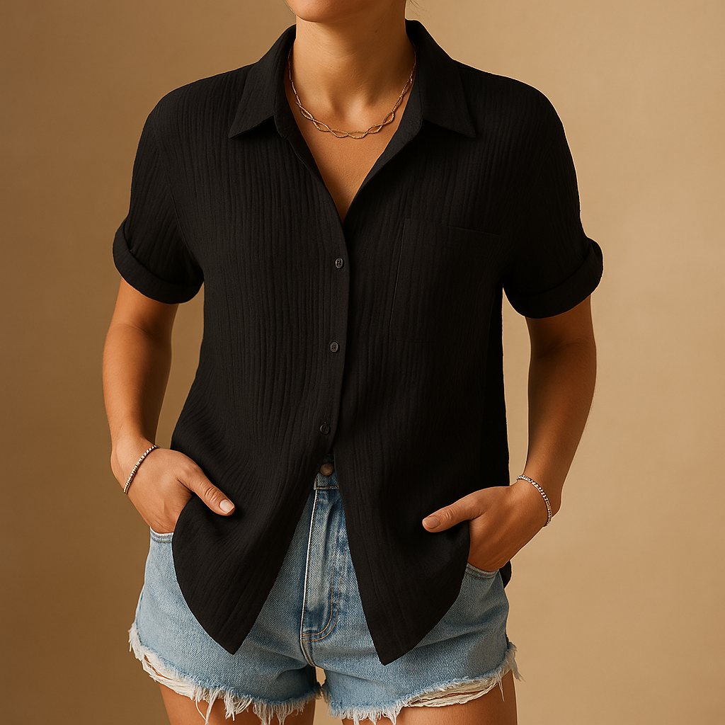 Cotton gauze short-sleeve chest-pocket shirt in Black