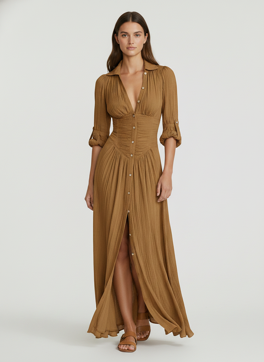 Bohemian Maxi Dress with Long Sleeves & High Front Split