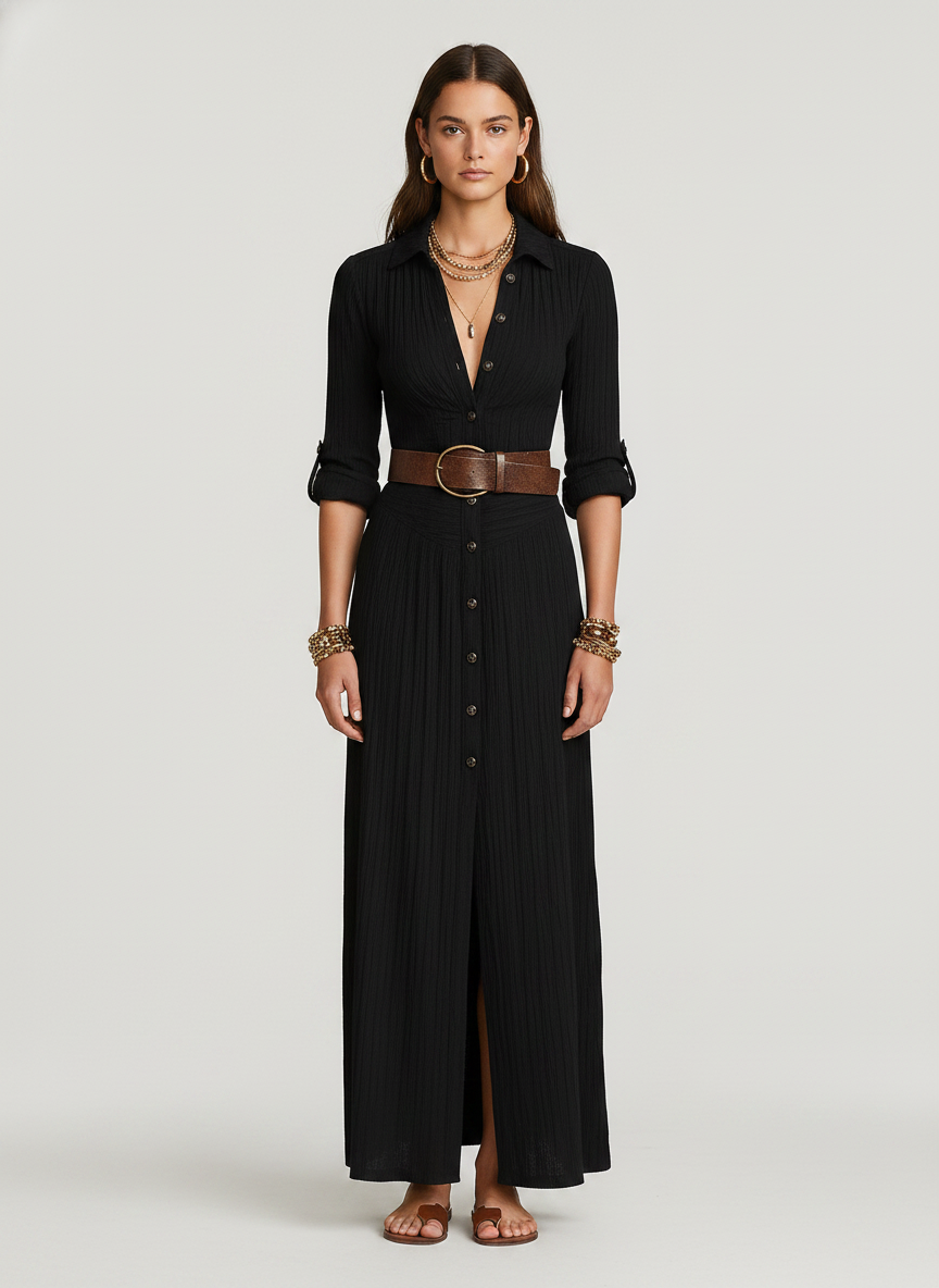 Bohemian Maxi Dress with Long Sleeves & High Front Split