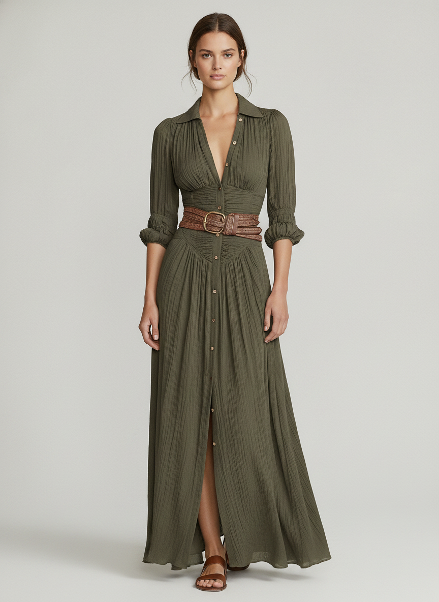 Bohemian Maxi Dress with Long Sleeves & High Front Split