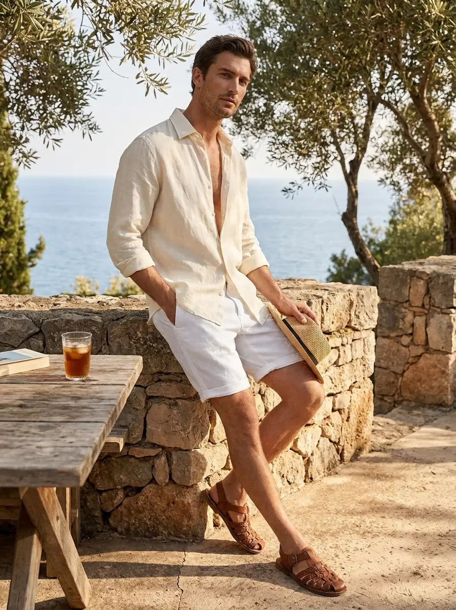 Male model in linen summer shorts