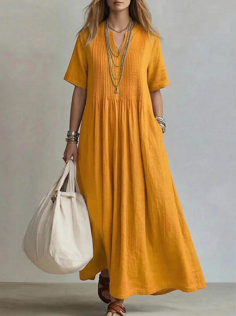 Pleated maxi dress in yellow