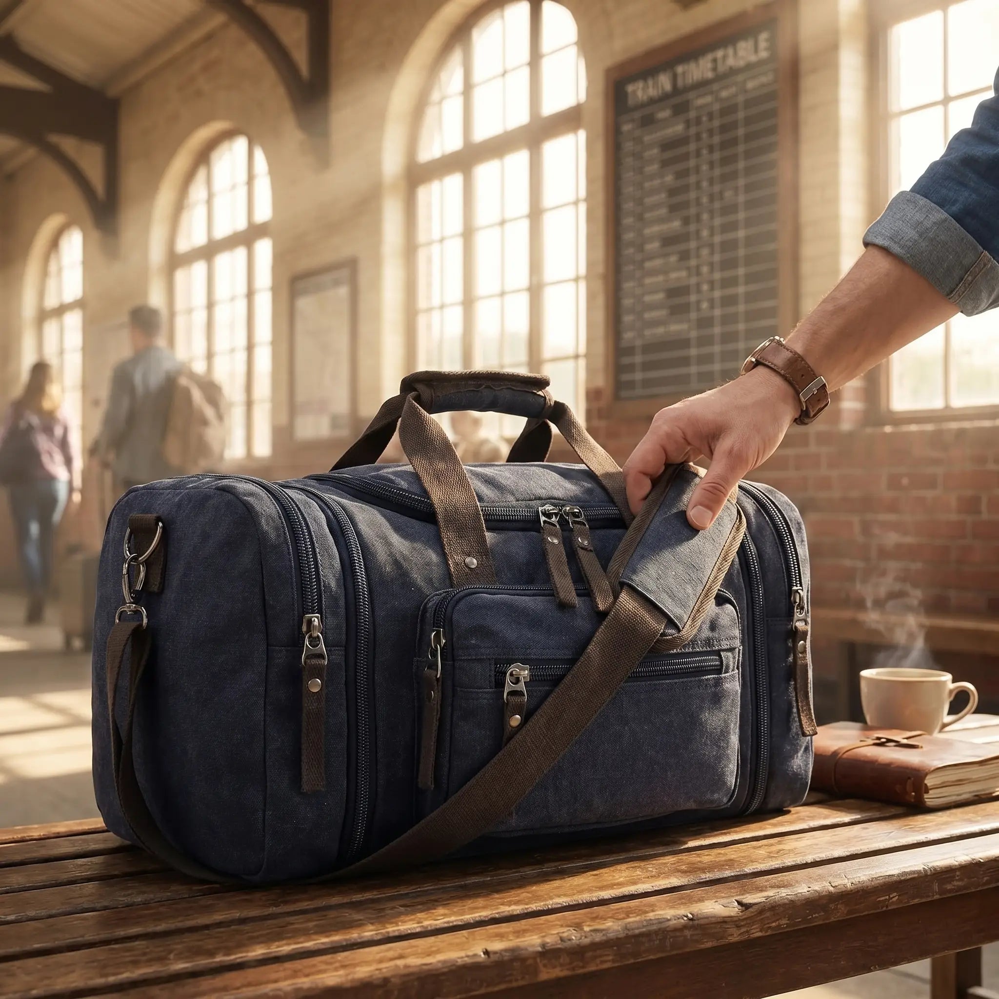 Canvas expandable duffle bag in a sunlit travel setting