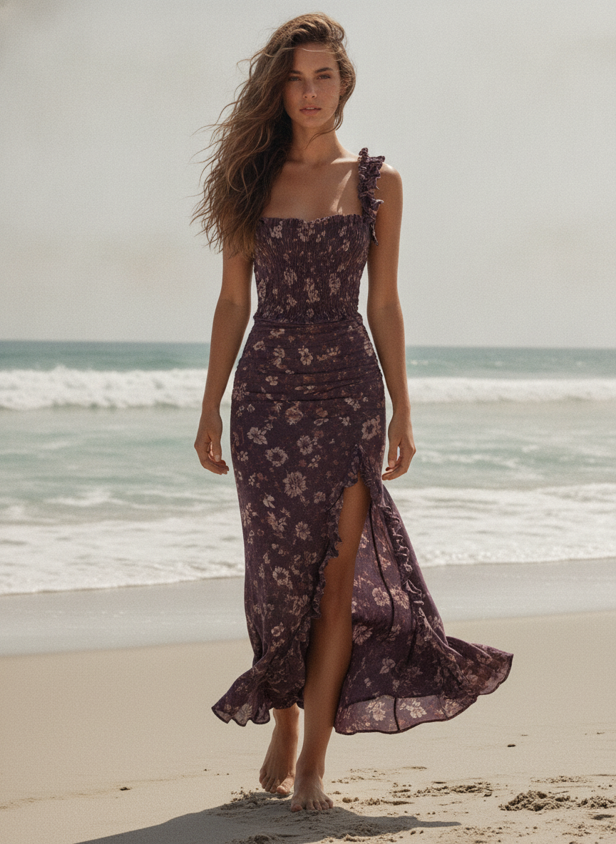 Boho Chic | Floral Maxi Dress with Ruffled Sleeves | Elegant Style for Warm Weather