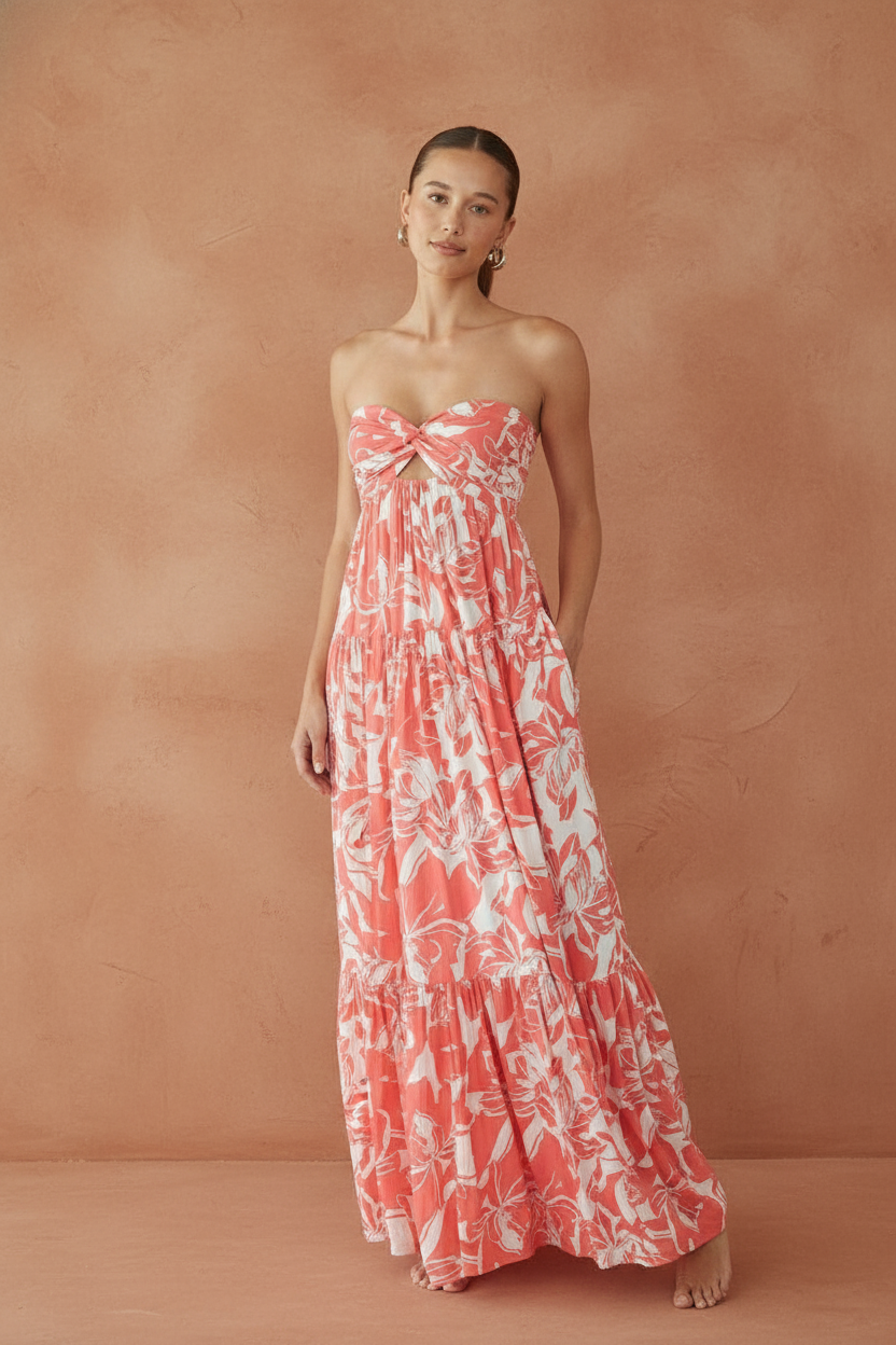 Floral Maxi Dress with Twist Front Design – Elegant Long Dress