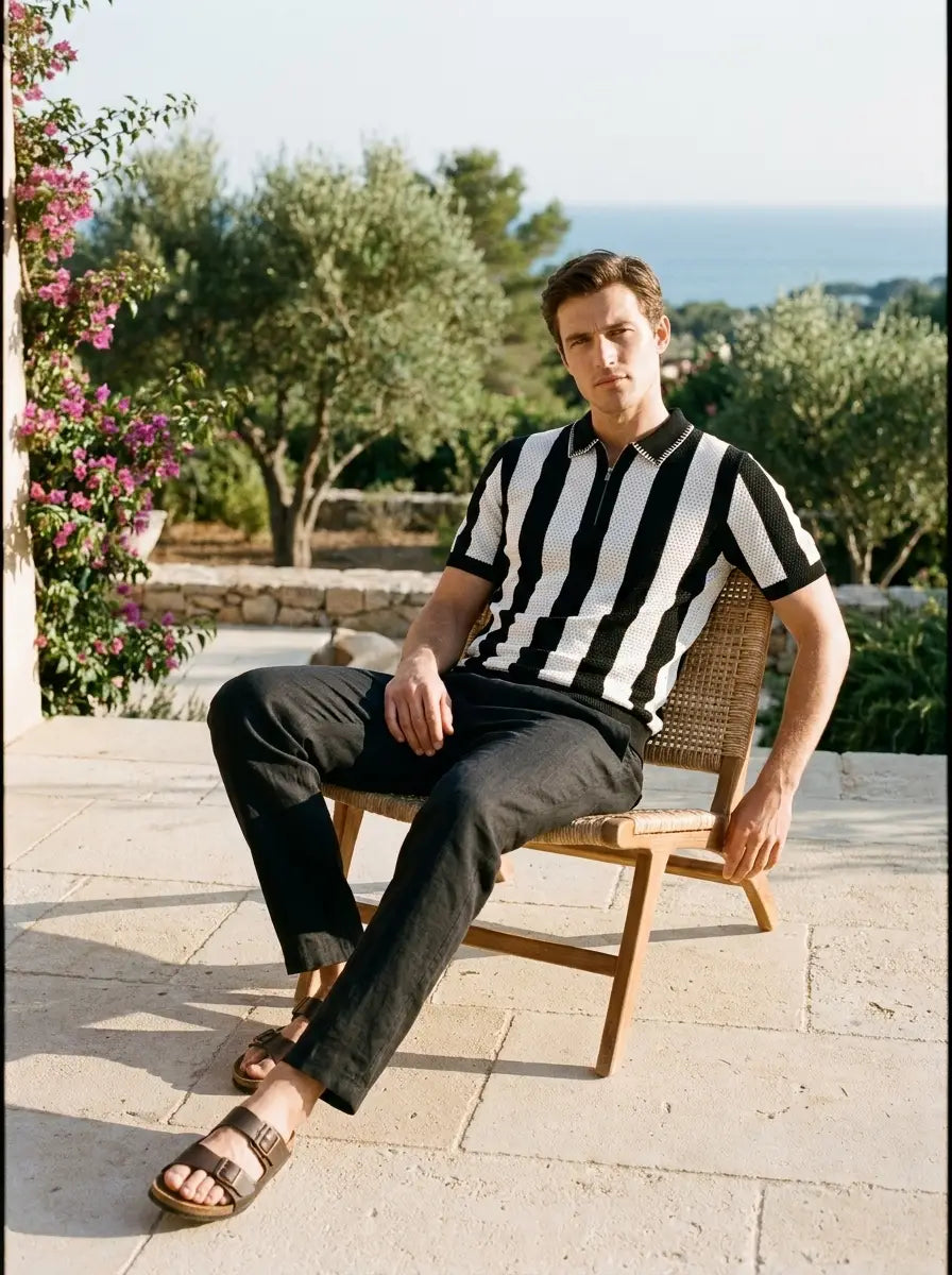 Male model in knit polo shirt