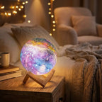 3D moon lamp glowing on a nightstand