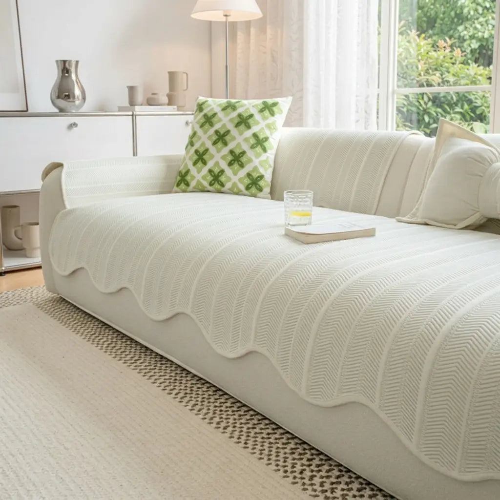 Herringbone scallop sofa cover on couch