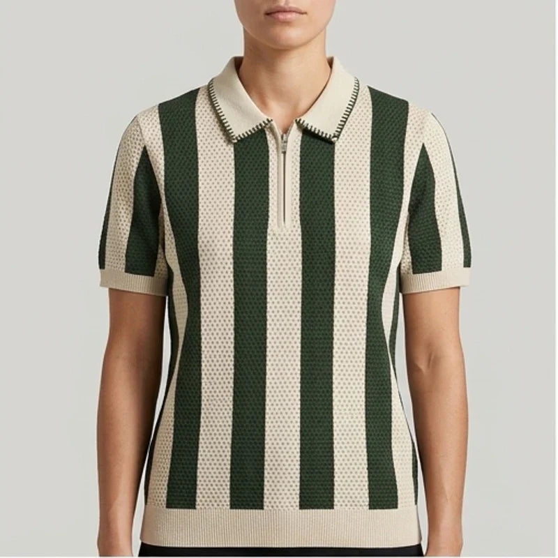 Model wearing Green Knit Polo Shirt in studio