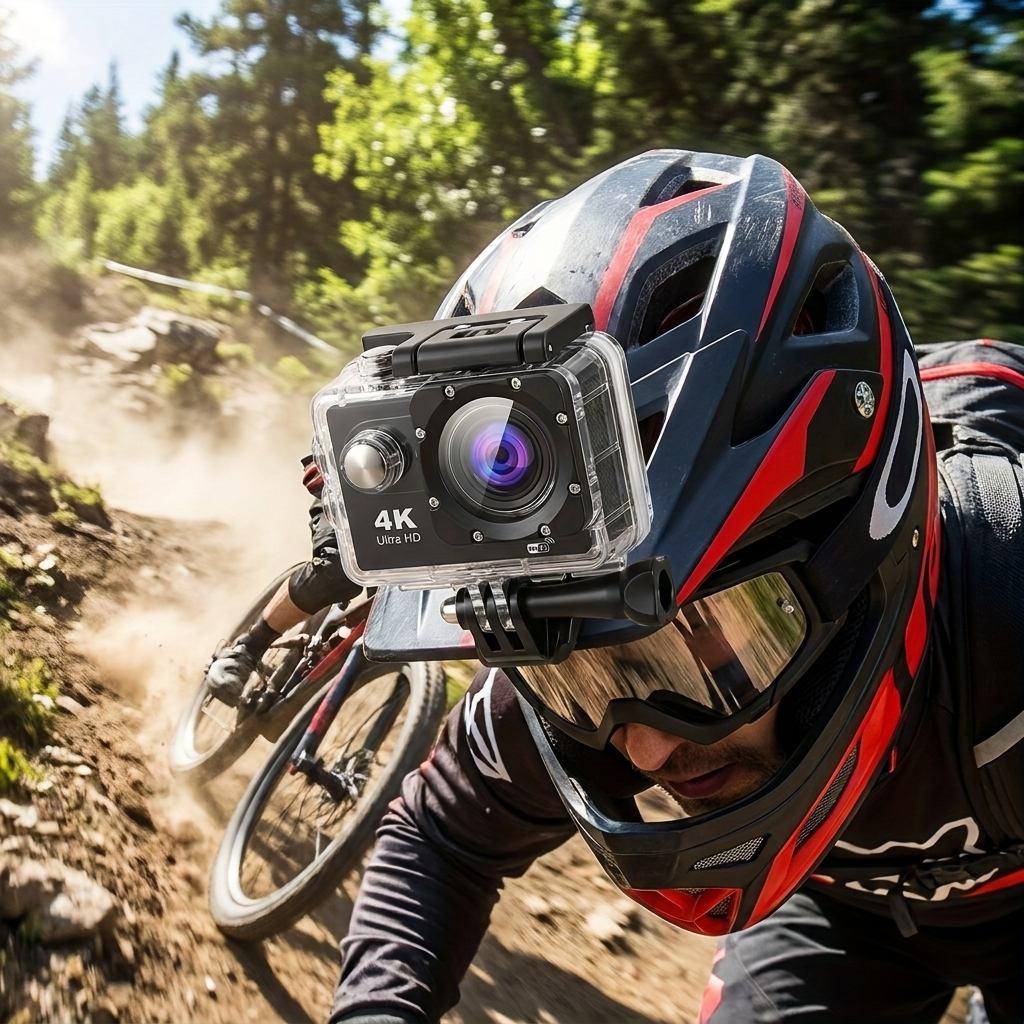 Action camera mounted on helmet on a trail