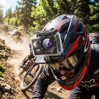 Action camera mounted on helmet on a trail