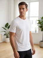 Model in white mercerised cotton tee