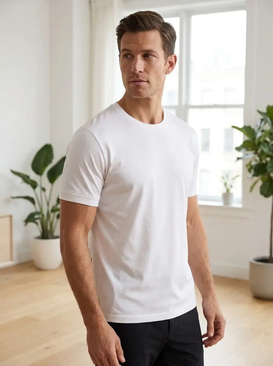 Model in white mercerised cotton tee