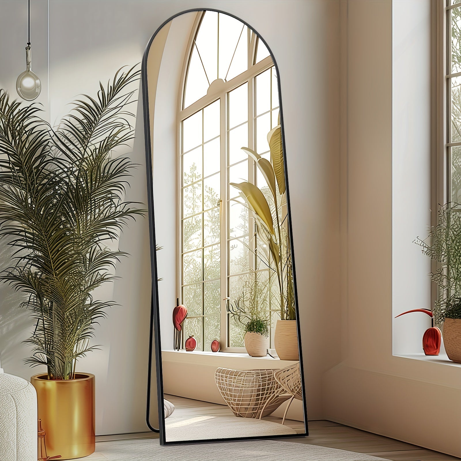 Arched full-length oval floor mirror with aluminum frame