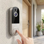 Wireless video doorbell mounted by front door