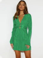 Green V-neck bodycon mini dress detail