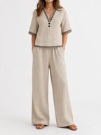 Women's Linen Two-Piece Set – V-Neck Casual Loose Top & Wide Leg...