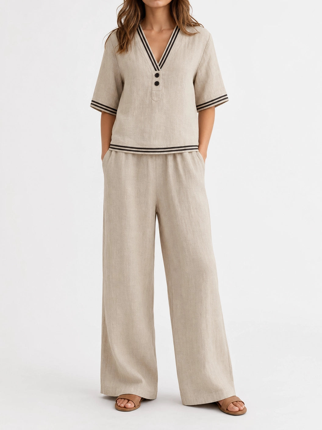 Women's Linen Two-Piece Set – V-Neck Casual Loose Top & Wide Leg...