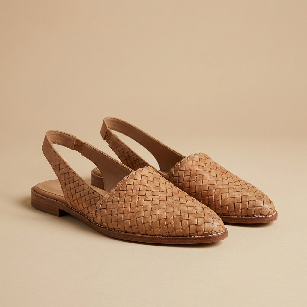 Beige woven slingback flats