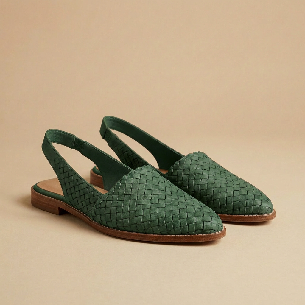 Green woven slingback flats