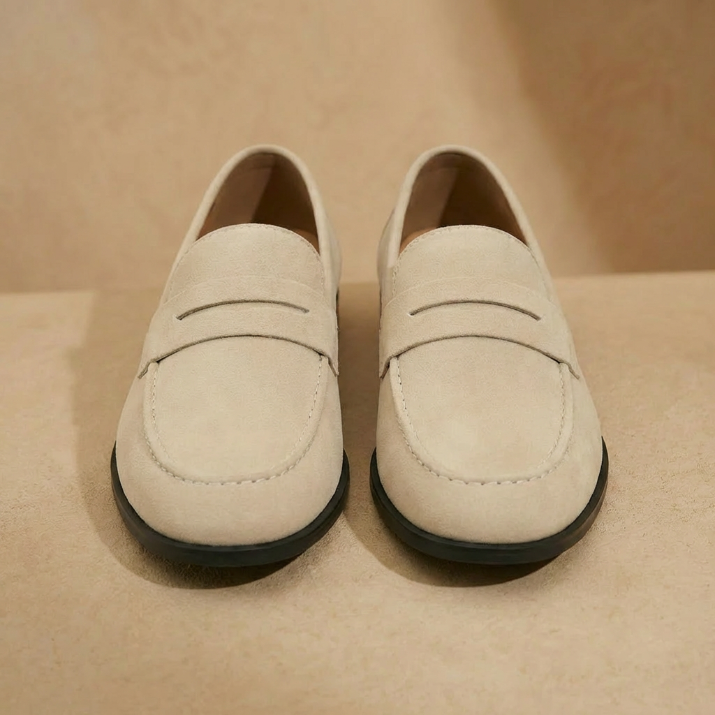 Beige suede penny loafers