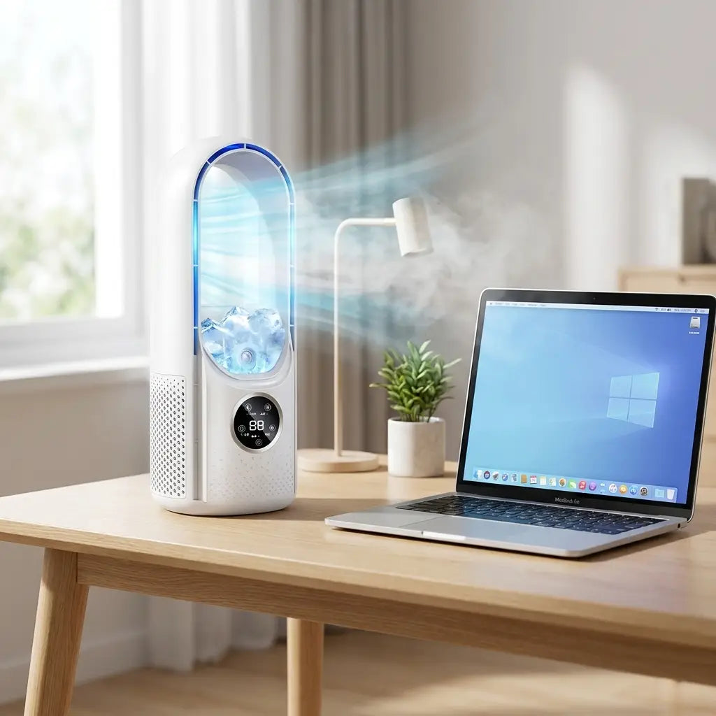 Portable personal air cooler on a desk