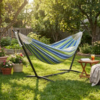 Double hammock with stand in backyard