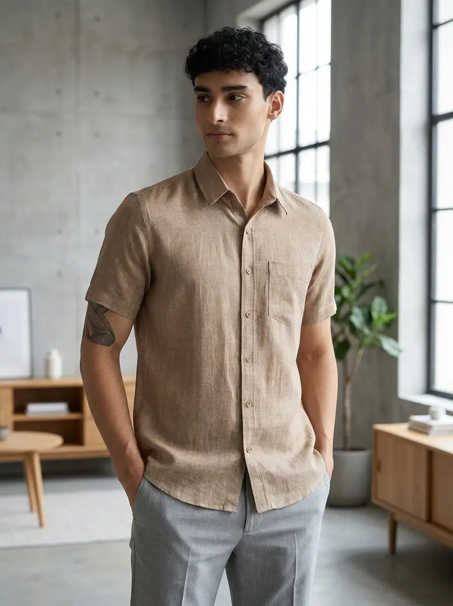 Male model wearing the mocha half-sleeve linen shirt, editorial lifestyle