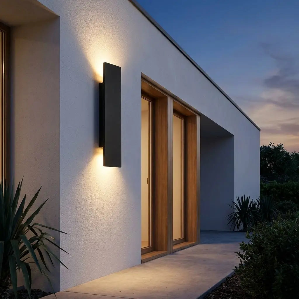 Outdoor wall lamp on house exterior at dusk