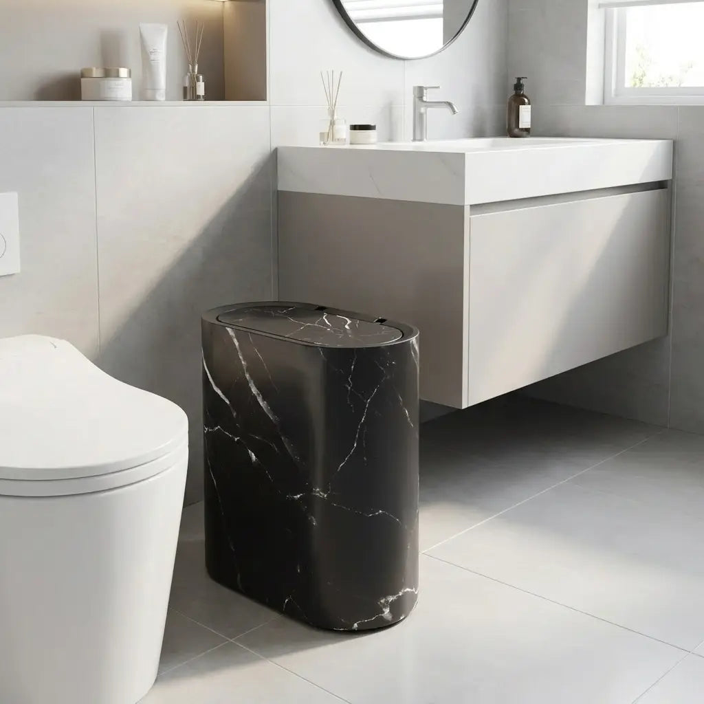 Marble-pattern trash can in bathroom