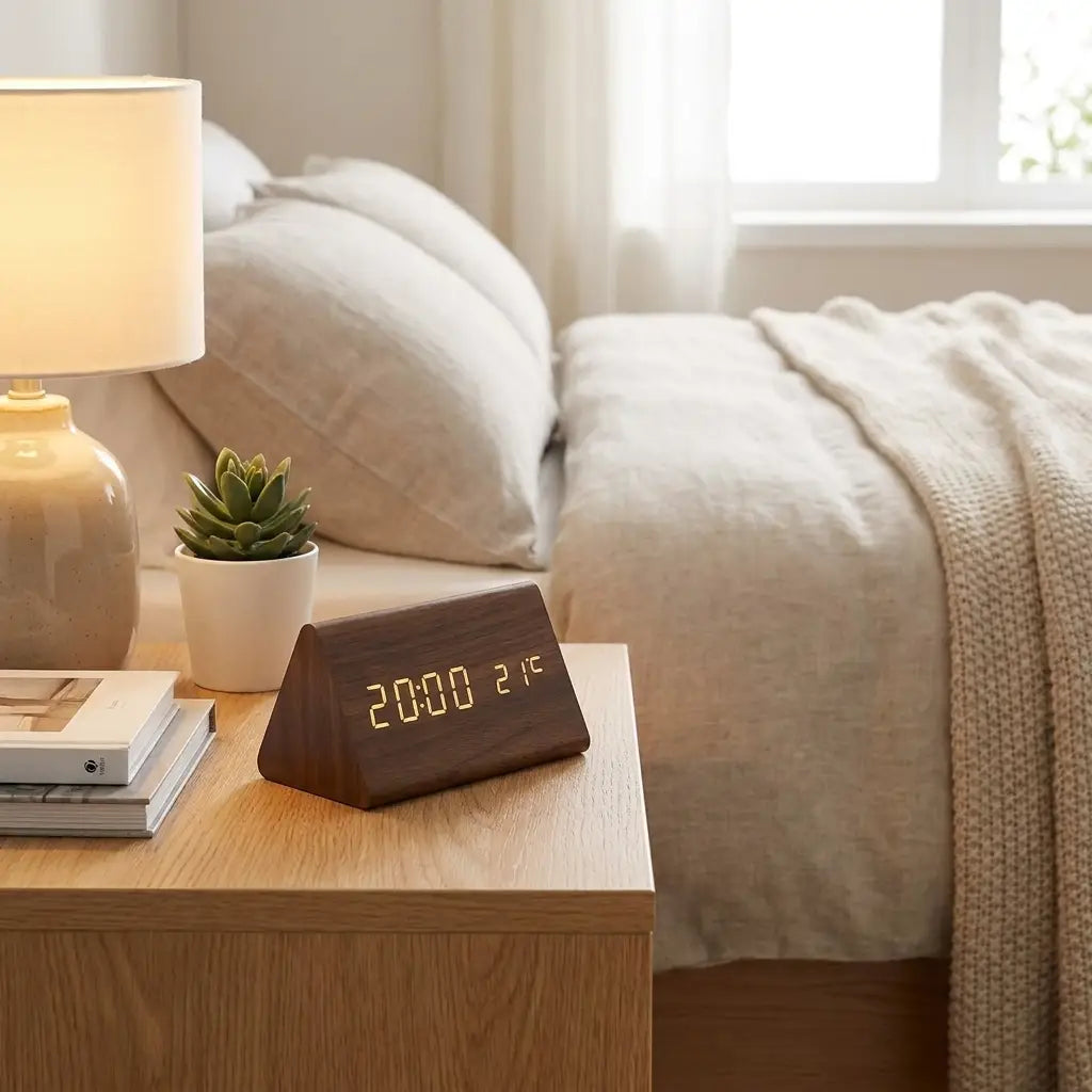 Wooden LED alarm clock on bedside table