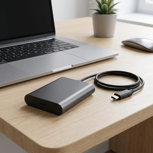 2TB portable SSD lifestyle photo on a modern desk beside a laptop