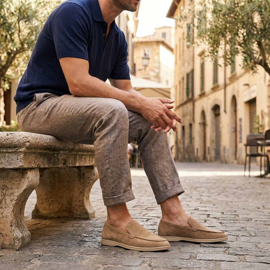 Premium Suede Loafers lifestyle hero — man wearing the slip-on dress shoes