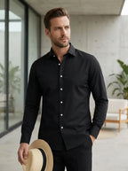 Male model wearing men's long-sleeve button-up shirt with contrast buttons