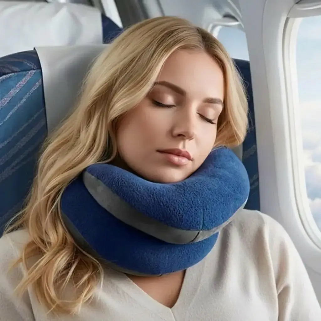 Traveler wearing double-support travel pillow