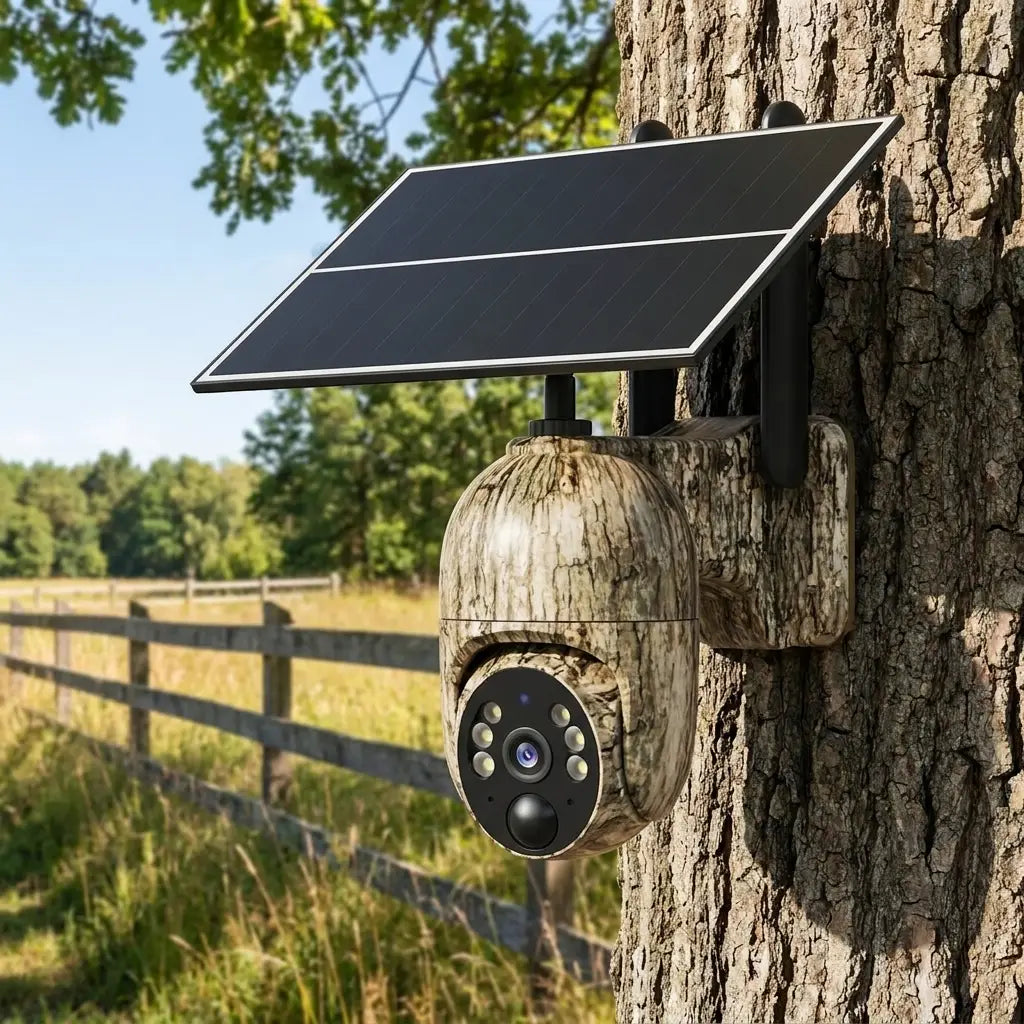 Solar security camera mounted on a tree
