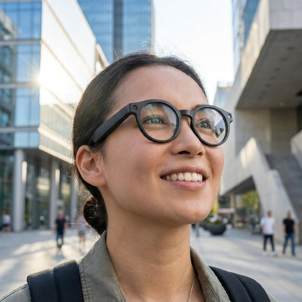 Person wearing smart camera glasses
