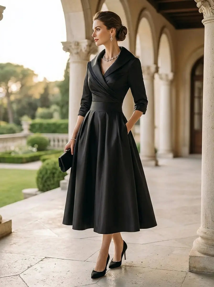 Model wearing the satin draped-collar formal dress