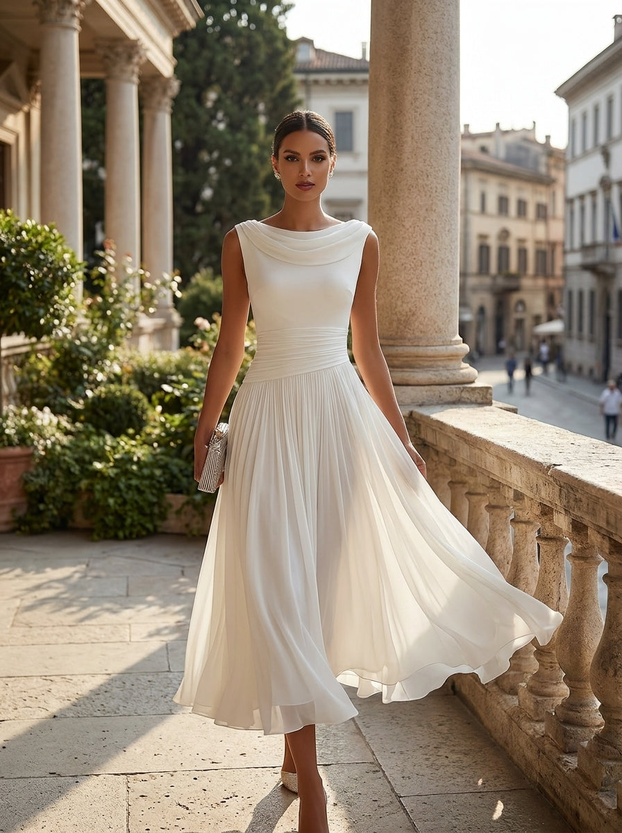 Model wearing the white draped-neck pleated midi dress