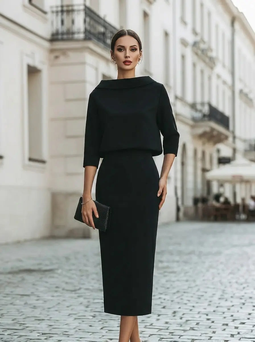 Model wearing the boat-neck top and midi skirt two-piece set
