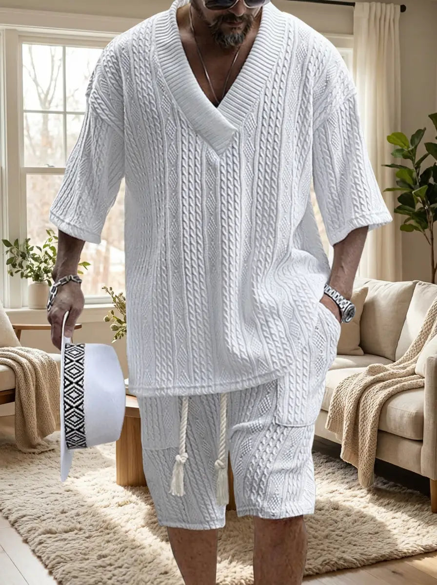 Model wearing the cable knit tee and shorts matching set