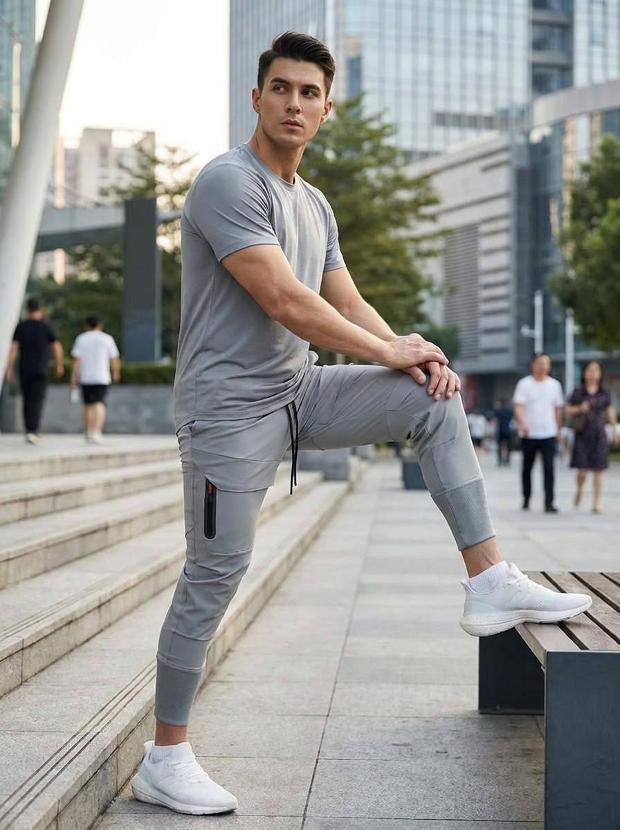 Model wearing High-Rib Cargo Jogger athletic sweatpants in an urban setting