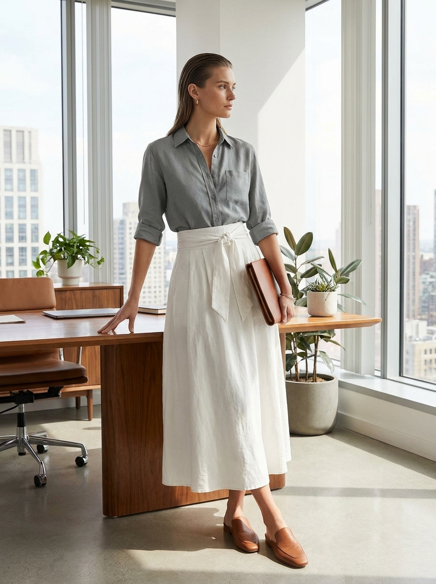 Editorial lifestyle hero - women's button lapel top and tie-waist skirt two-piece set