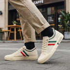 Lifestyle photo of the classic low-top mesh sneakers worn in a smart-casual street setting