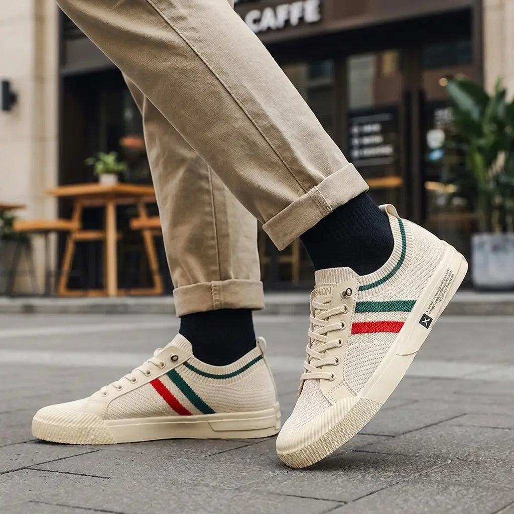 Lifestyle photo of the classic low-top mesh sneakers worn in a smart-casual street setting