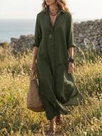 Model in long-sleeve cotton maxi dress