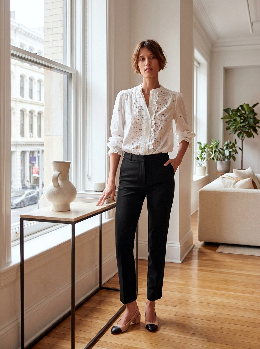 Female model wearing slim-leg ankle-hem ponte trousers in an elegant modern setting