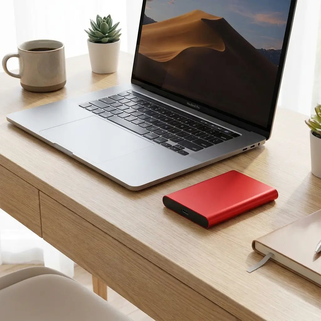Portable external SSD USB 3.1 backup drive on a modern desk beside a laptop